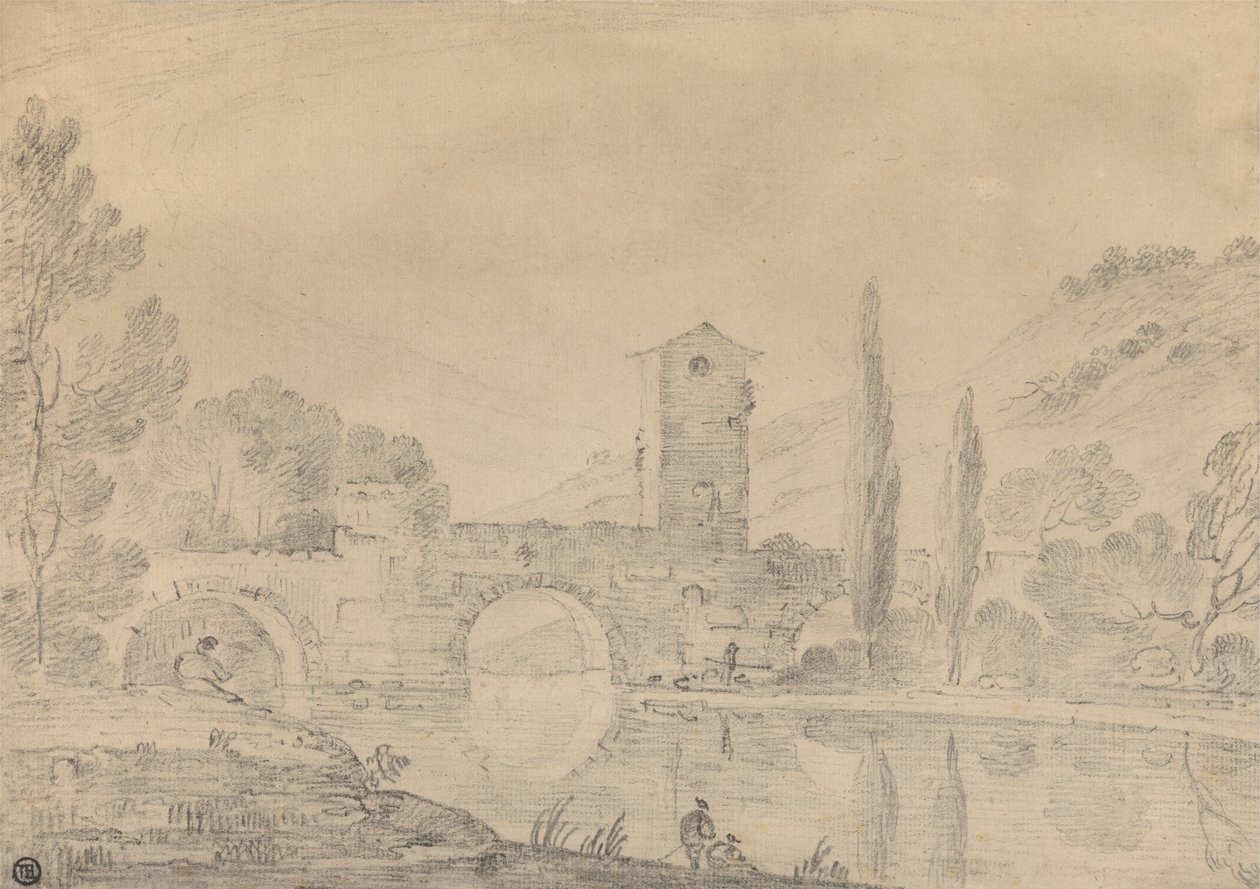 Italian Landscape with Three-Arched Bridge, Bridgehouse, Figures on near Bank, and Poplars on Farther Bank by Richard Wilson