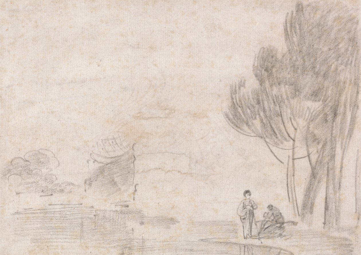 Ruined Temple of Minerva?, Two Figures on River Bank by Richard Wilson