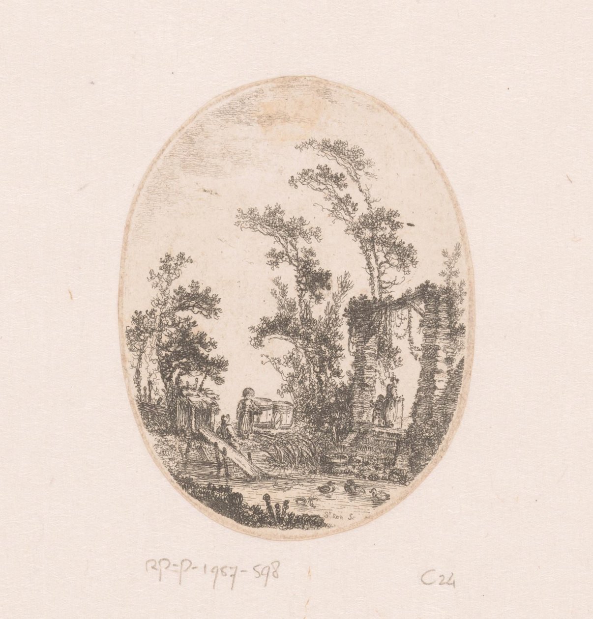 Duck pond with some trees around (Collection of views, landscapes, antique fragments and historical subjects) by Richard de Saint Non
