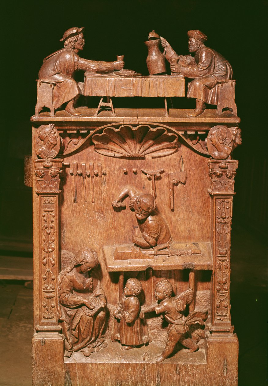 Choir stalls depicting (above) the Rigoley Brothers and (below) the workshop in Nazareth, 1526 by Rigoley Brothers