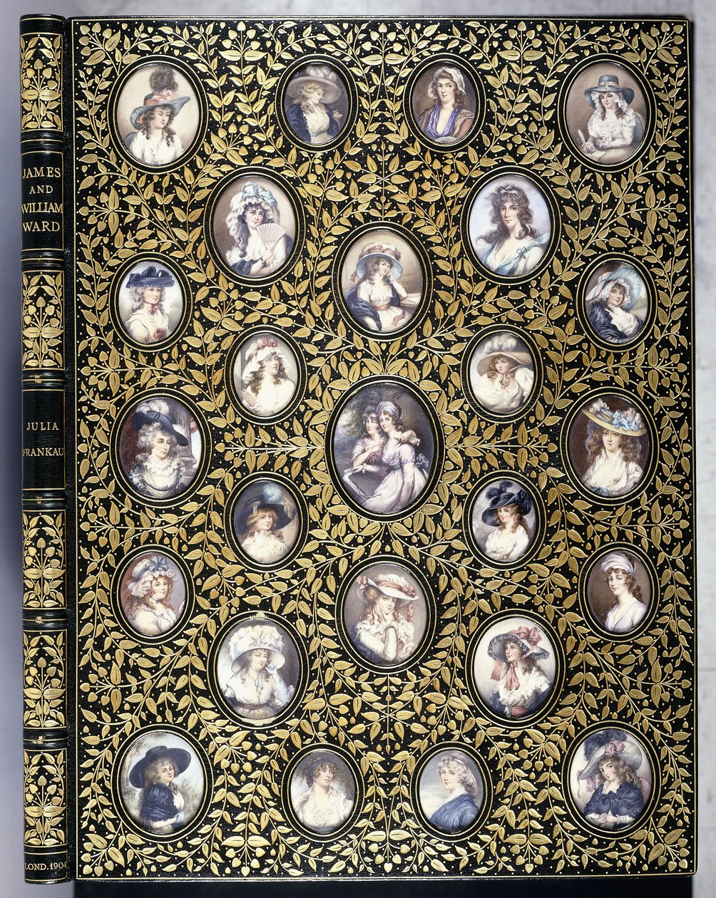 A book cover with twenty-five portrait miniatures of beautiful women, after the Ward