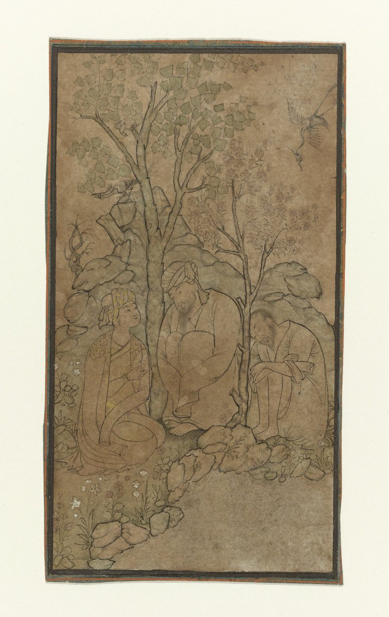 Two Old Men and a Young Man Seated Under a Tree by the Water by Riza i 
