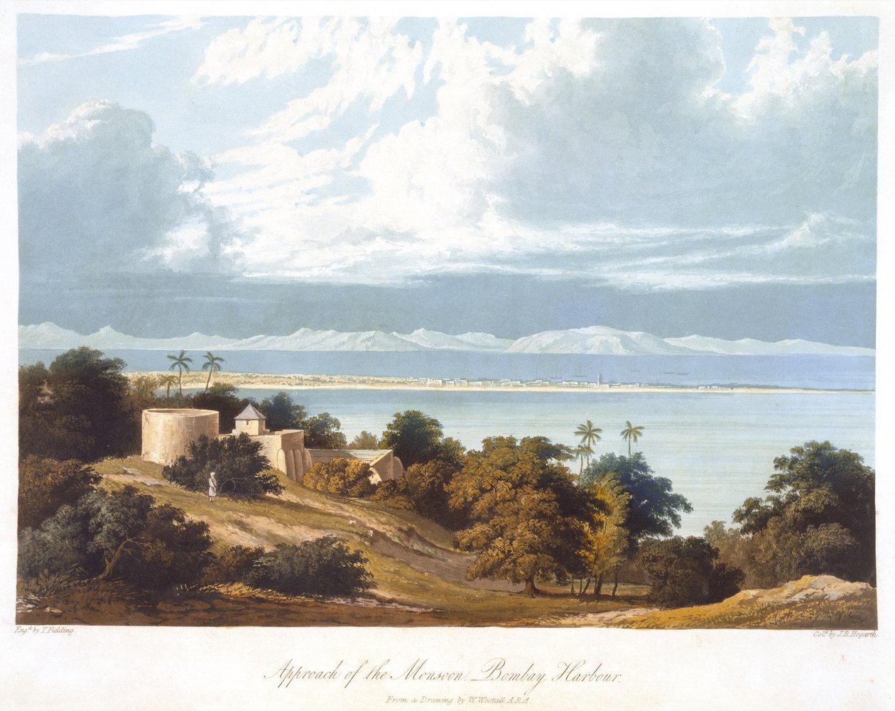 Approach of the Monsoon, Bombay Harbour, from a drawing by William Westall (1781-1850) from Scenery, Costumes and Architecture of India engraved by T. Fielding, coloured by J.B. Hogarth, published 182 by Robert Melville after Grindlay