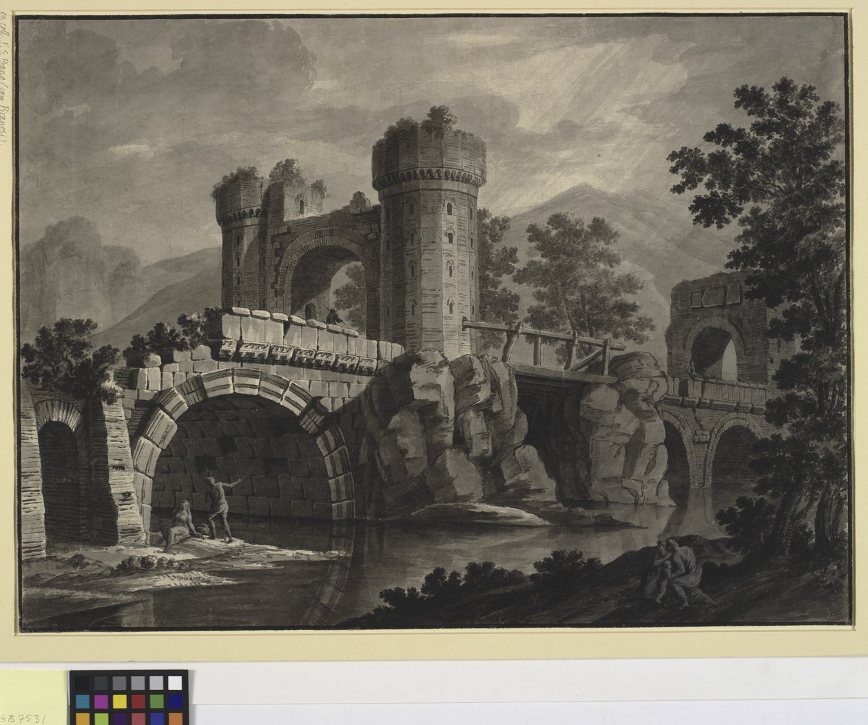 Architectural Fantasy of a Ruined Bridge in a Landscape by Robert Adam