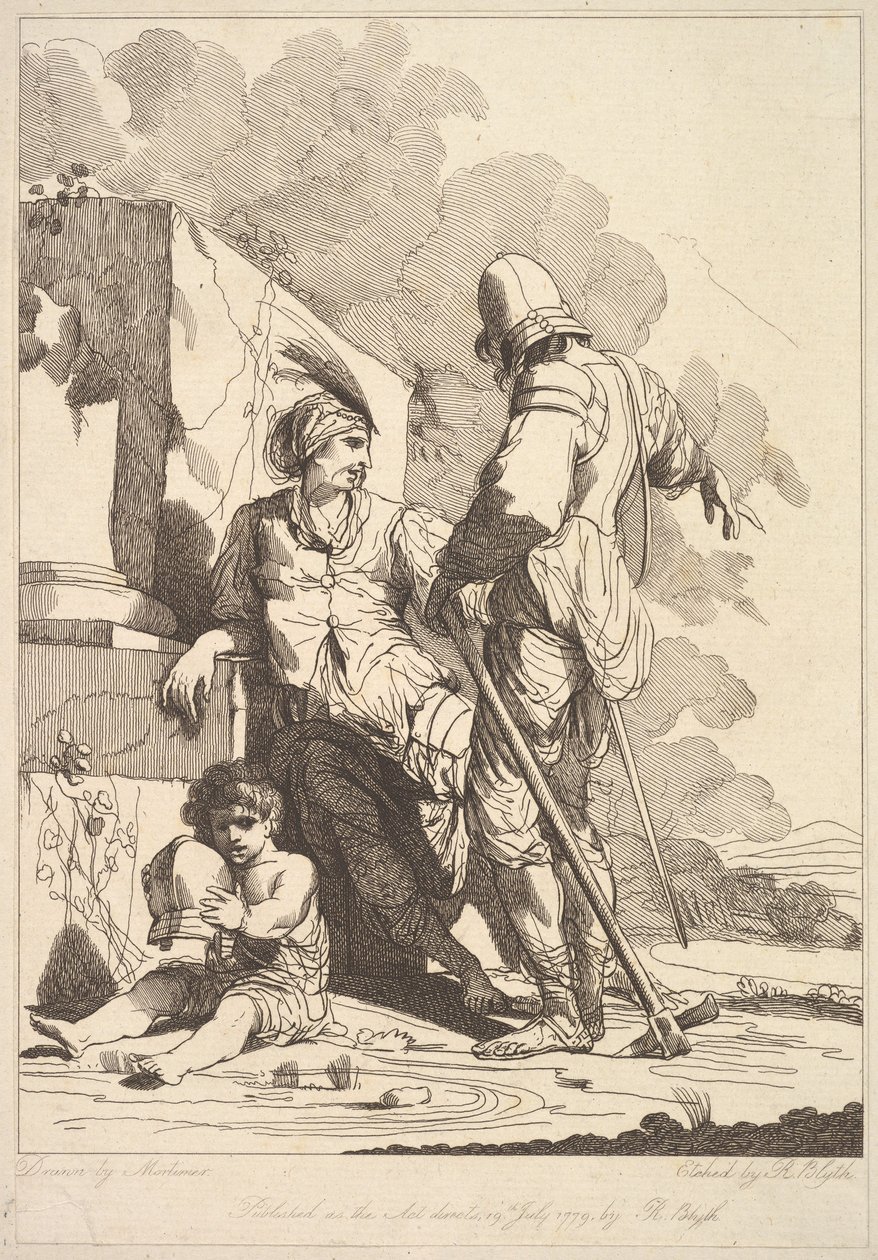 Two Soldiers and Child Holding a Helmet by Robert Blyth