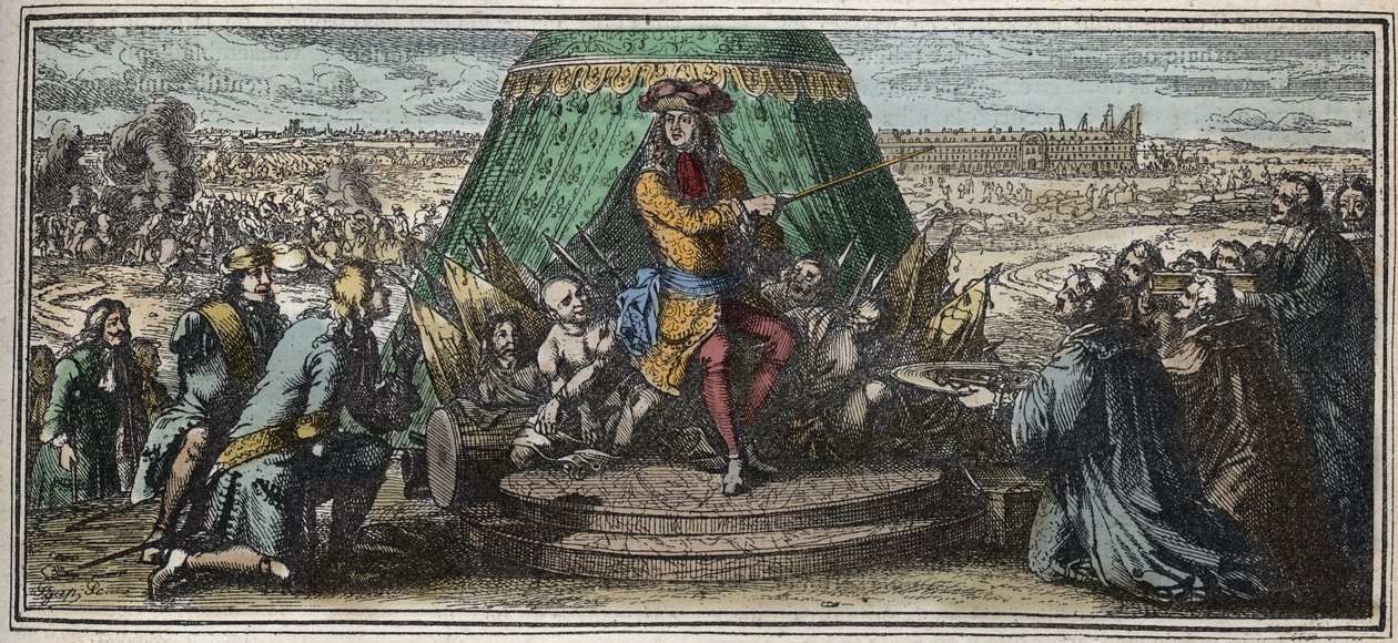 The Construction of Les Invalides in 1670 - Allegory of the foundation of the Hotel des Invalides - Louis XIV showing his old mutilated soldiers the Hotel des Invalides under construction - engraving by Robert Bonnart by Robert Bonnard
