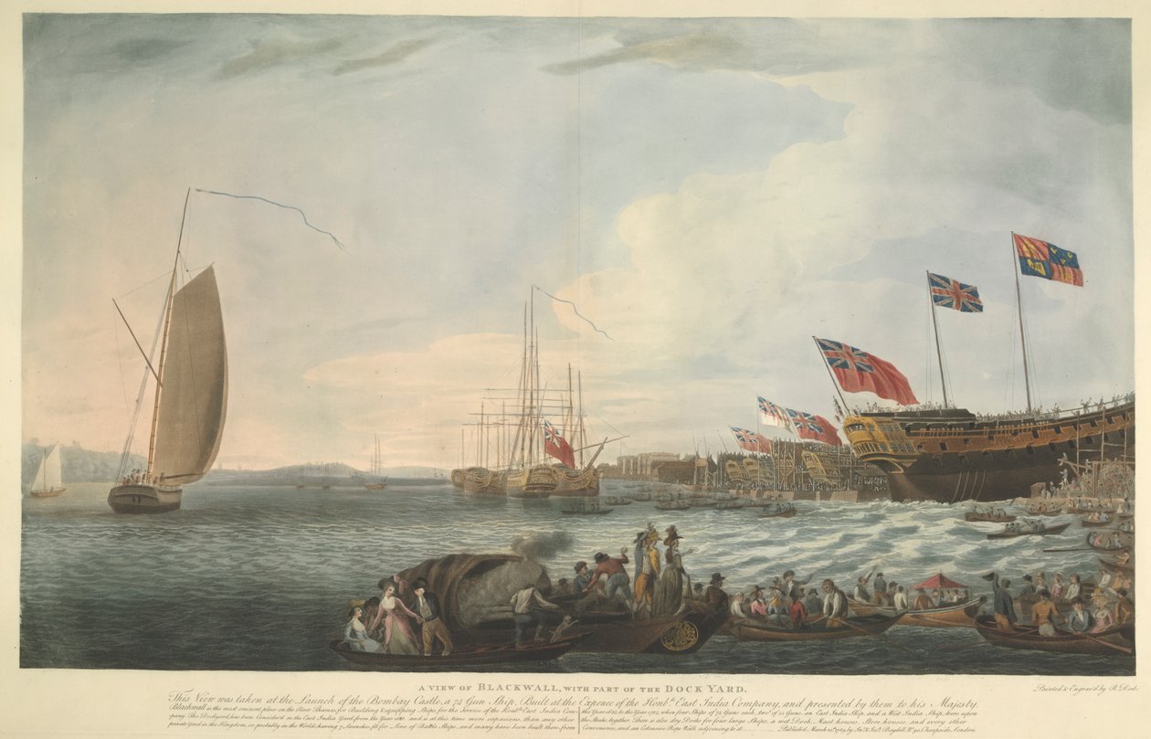A View of Blackwall, with Part of the Dockyard, at the Launching of the Bombay Castle by Robert Dodd
