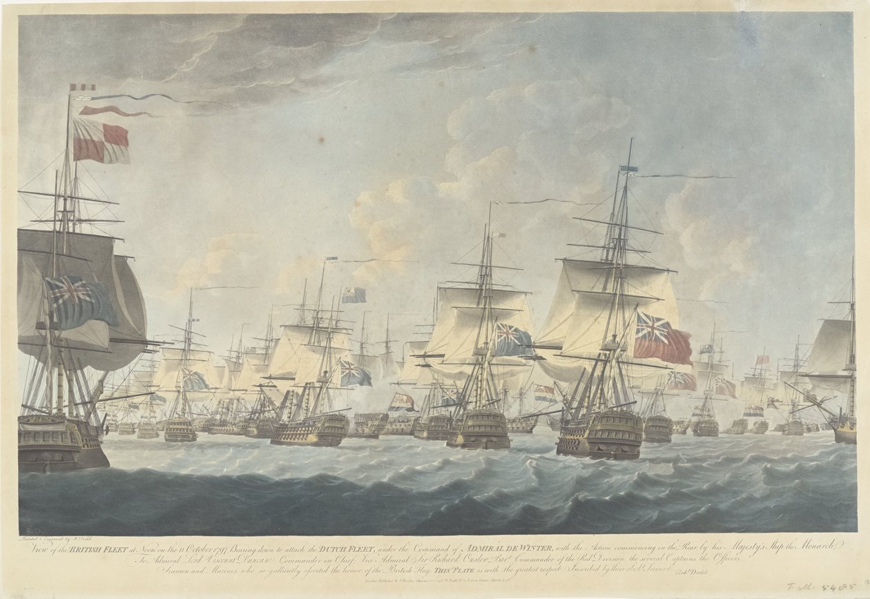 Battle of Camperdown (1797): Attack by the British Fleet (title on object: View of the British Fleet at Noon on the 11 October 1797, Bearing down to attack the Dutch Fleet) by Robert Dodd