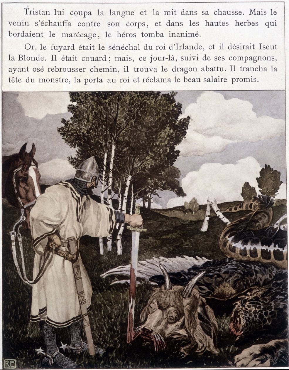 Tristan near the Dead Dragon - in Le Roman de Tristan et Iseult by Bédier, illustrated by Robert Engels, ed. of Art, Paris by Robert Engels