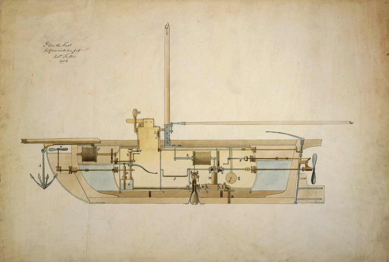 Original drawing of the Nautilus, the first underwater boat (submarine), presented by its inventor Robert Fulton (1765-1815) to the American Senate in 1806. by Robert Fulton