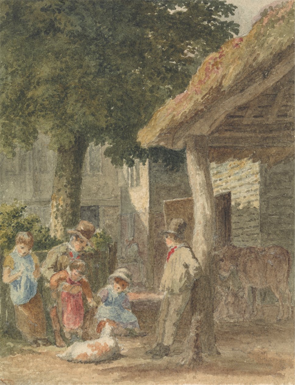 Children with a Dog in Farmyard by Robert Hills