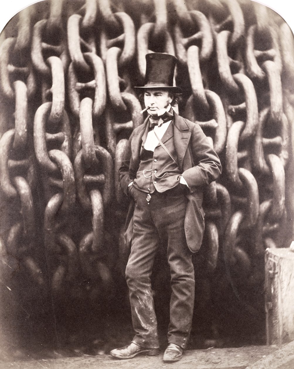 Isambard Kingdom Brunel, standing in front of the launching chains of the 