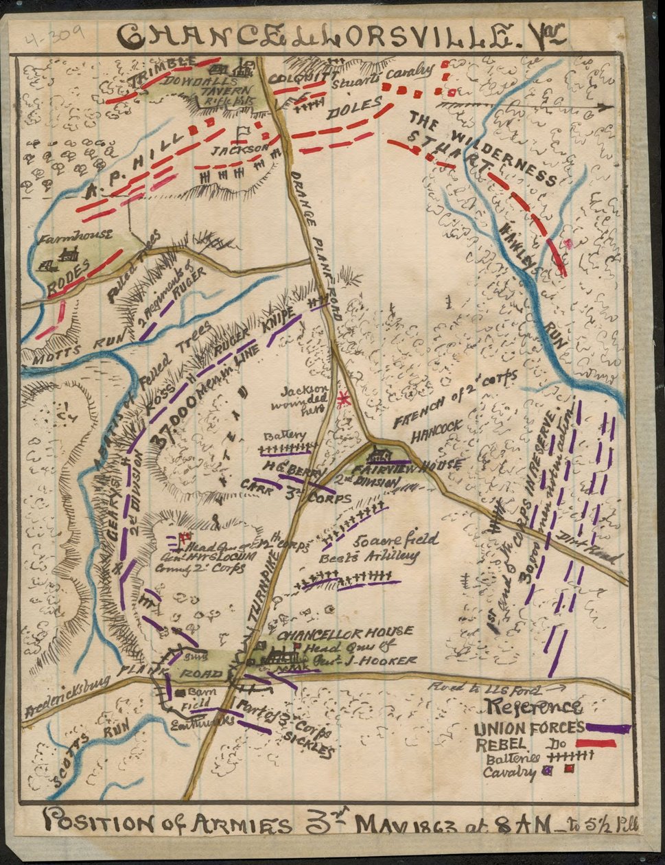 Chancellorsville, Va. Position of Armies 3rd May 1863 at 8 a.m. to 5:30 p.m. by Robert Knox Sneden