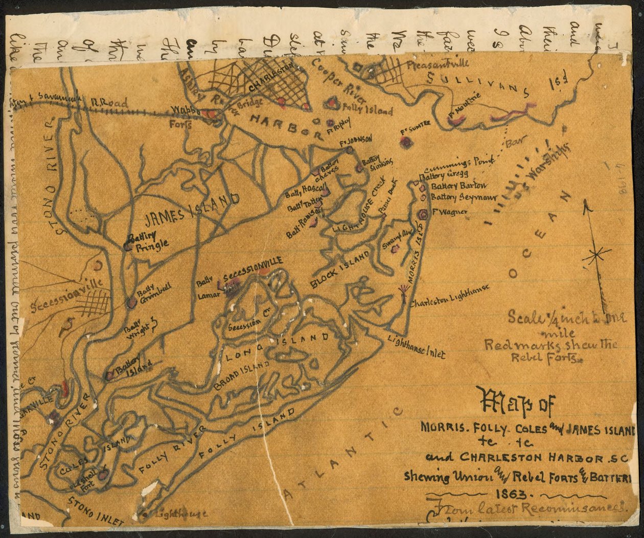 Map of Morris, Folly, Coles and James Islands and Charleston Harbor S.C. showing Union and Rebel Forts and Batteries, 1864 by Robert Knox Sneden