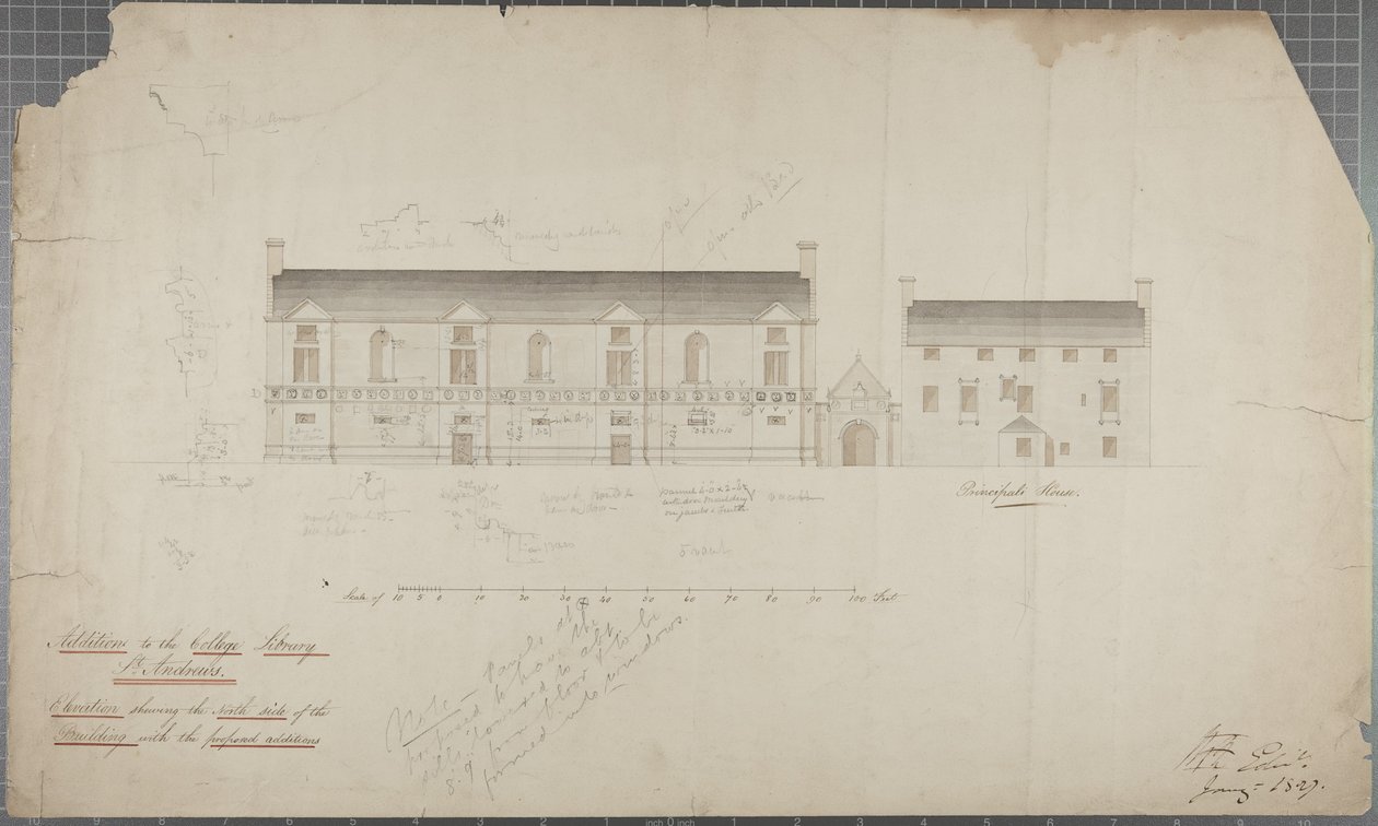 Architectural drawing of the University Library, 1827 by Robert Payton Reid