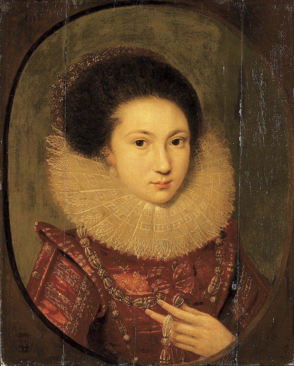 Portrait of a Girl, Bust-Length, in a Scarlet Embroidered Dress and Lace Collar by Robert Peake