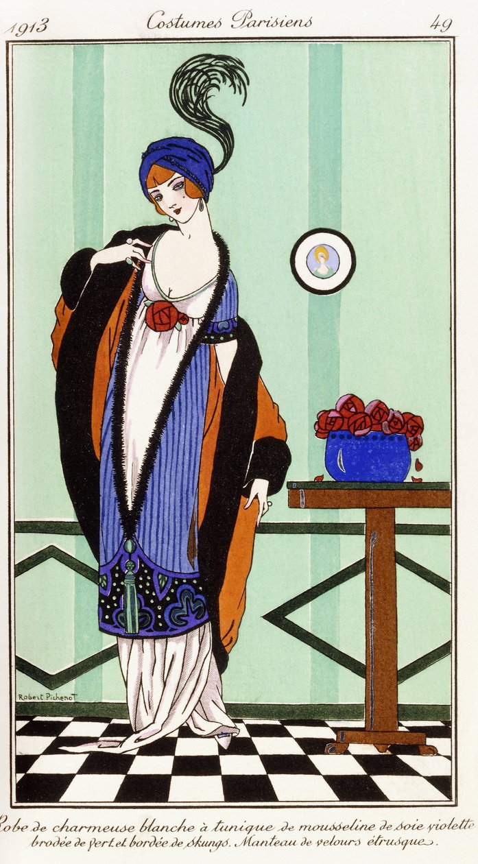 Parisian Clothing: White Charmeuse Robe with Violet Embroidered Silk Tunic by Robert Pichenot