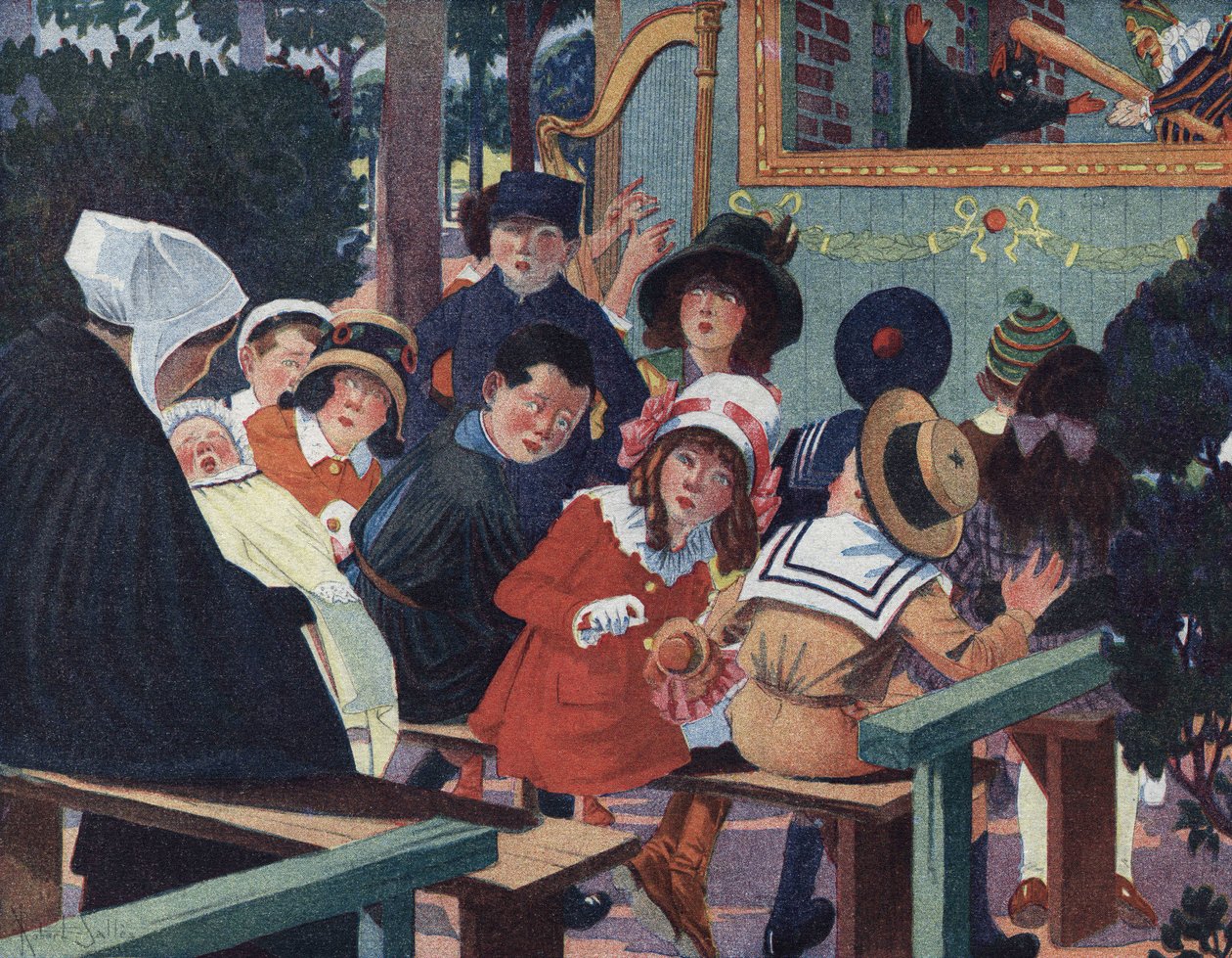 Puppet Show: Children in the Guignol Theatre Are Deranged by a Crying Baby. Illustration by Robert Salles (1871-1929) in 
