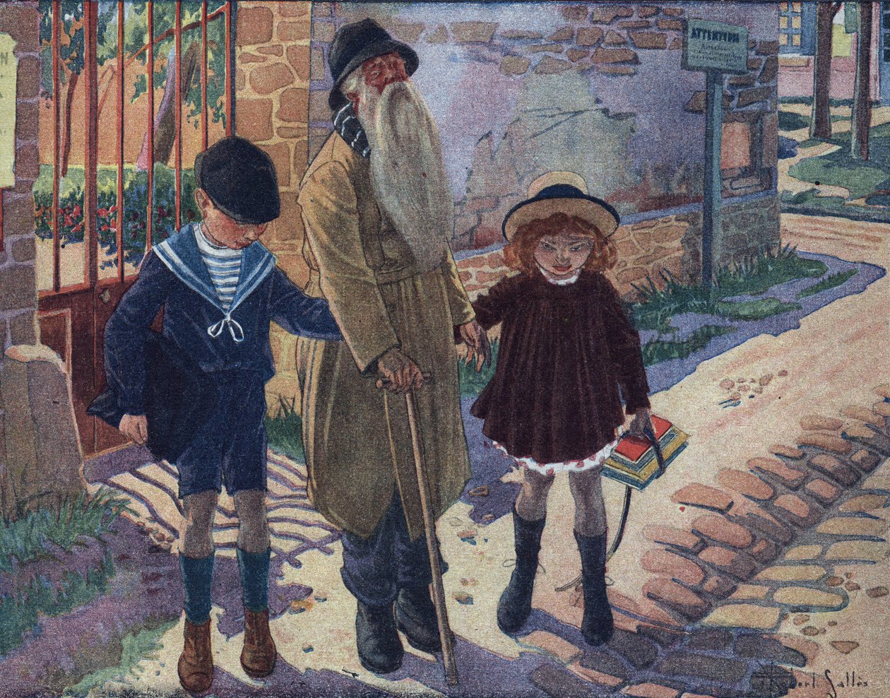 The stick of the blind: two children help a blind old man walk. Illustration by Robert Salles (1871-1929) in 