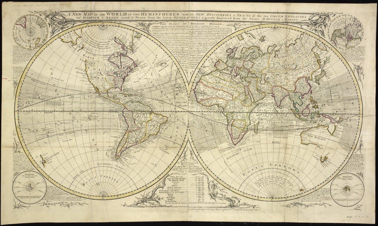 A New Map of the World in Two Hemispheres with the New Discoveries & Tracts of the Two Circum Navigators Dampier & Anson by Robert Sayer