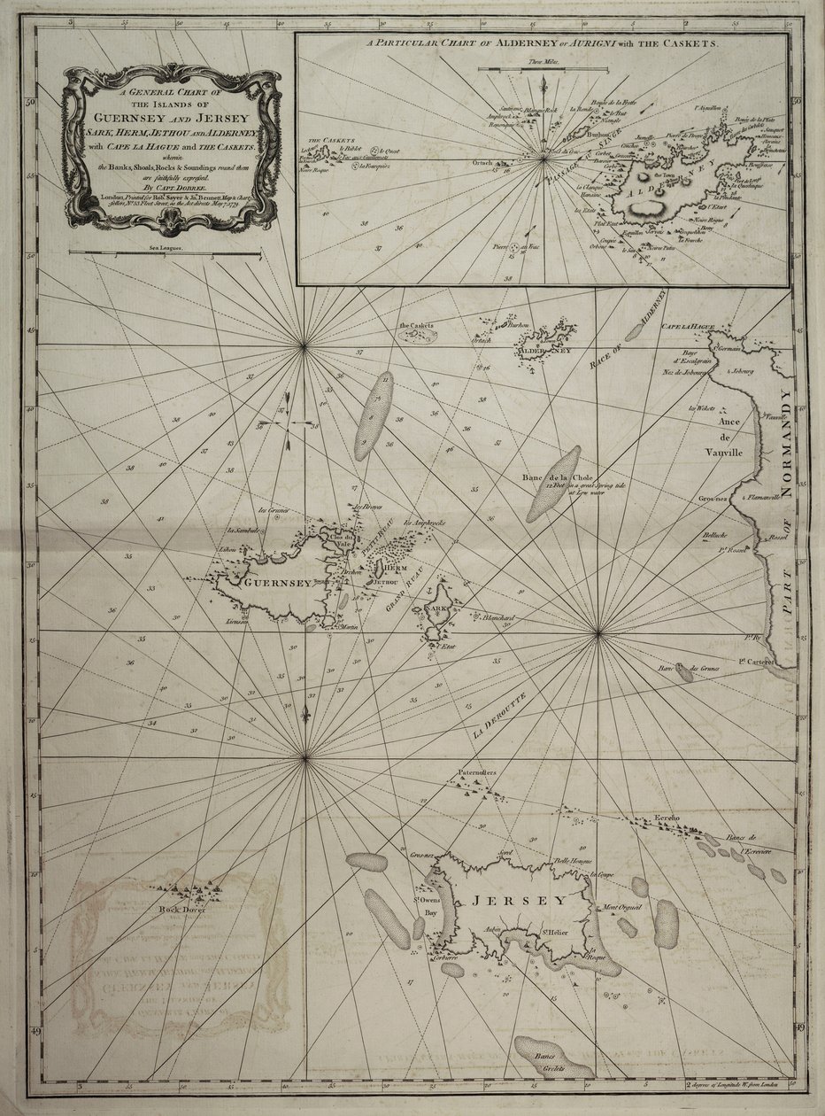 A general chart of the islands of Guernsey and Jersey, Sark, Herm, Jethou and Alderney, with Cape la Hague and the Caskets by Robert Sayer