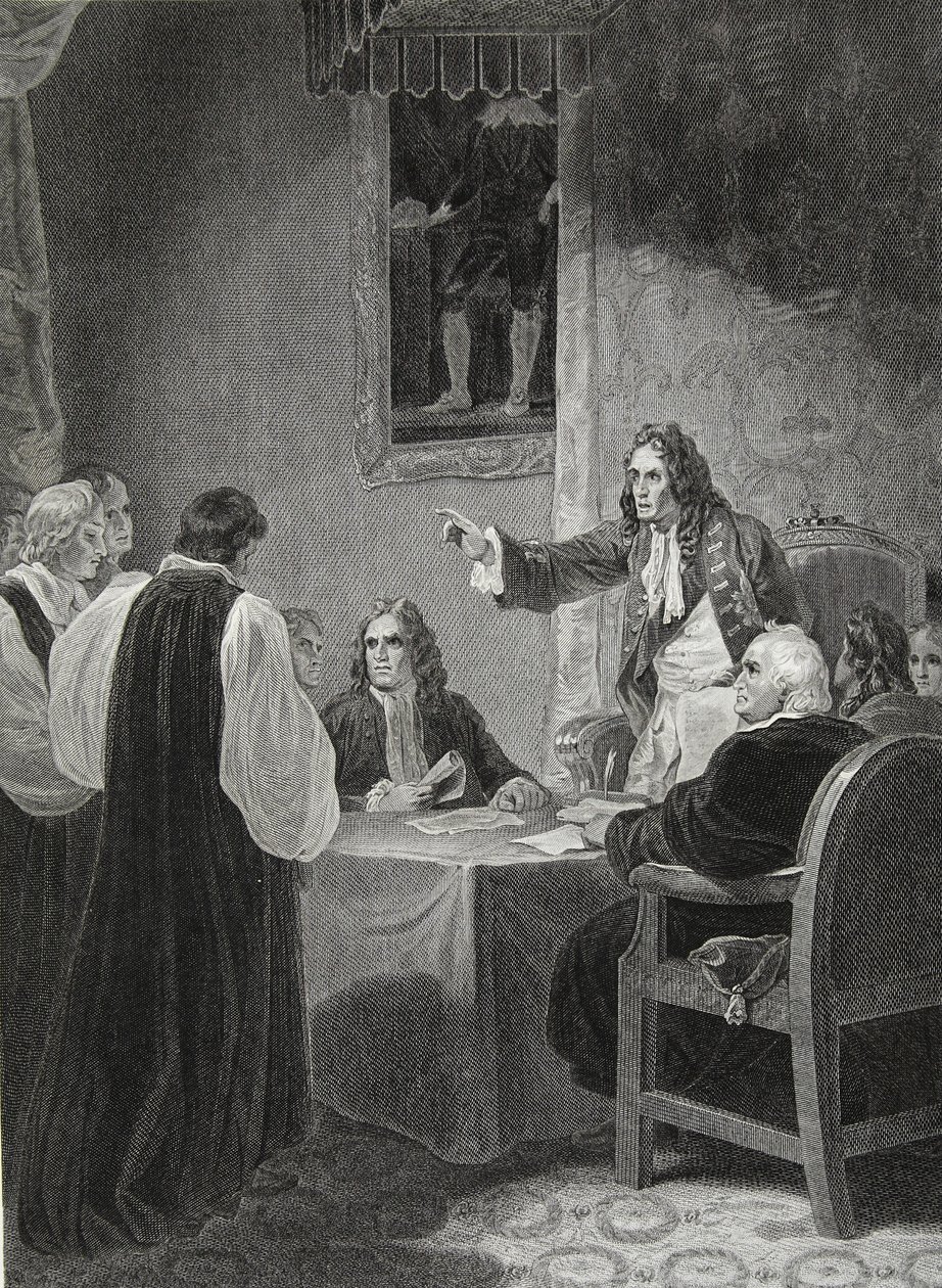 The Bishops before the Privy Council, 1688, engraved by George Noble, Illustration from David Hume