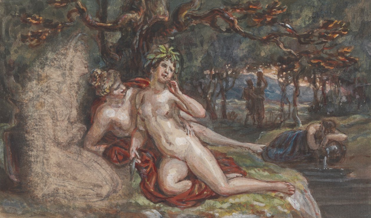 Wooded Scene with a Couple Laying under a Tree, by a Stream by Robert Smirke