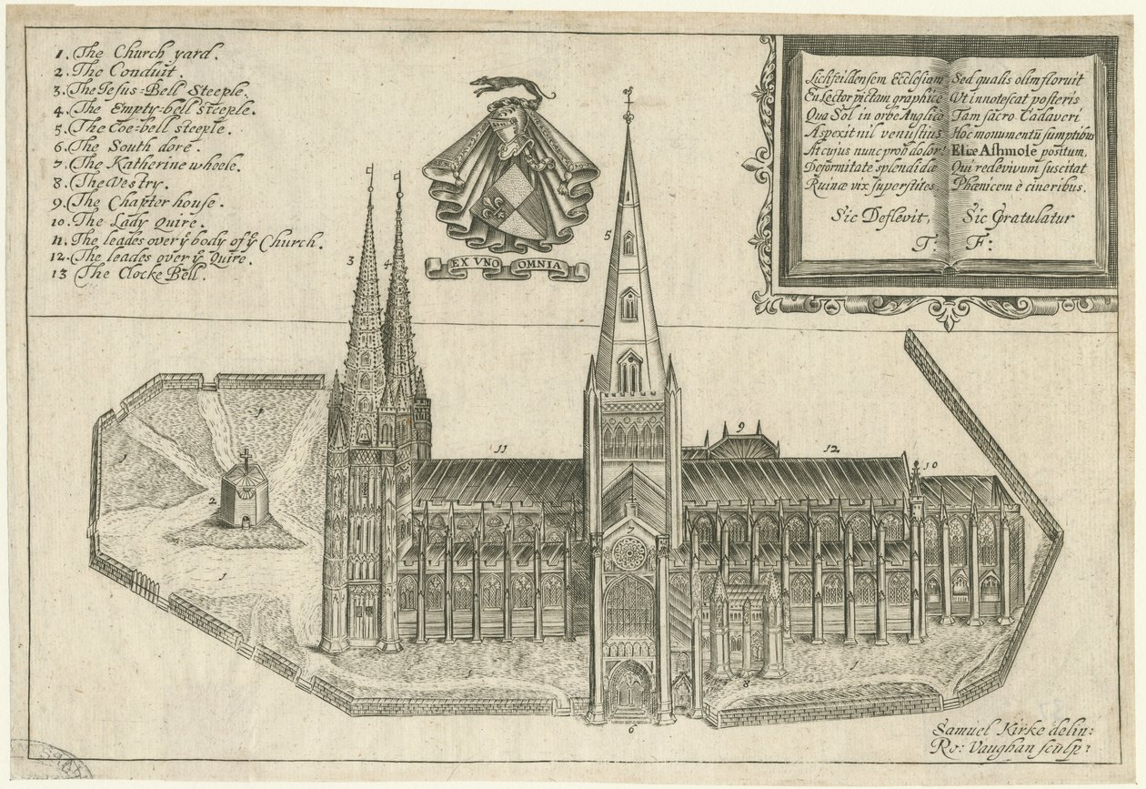 Lichfield Cathedral - South View: Copper-Plate Engraving, nd [17th cent] by Robert Vaughan