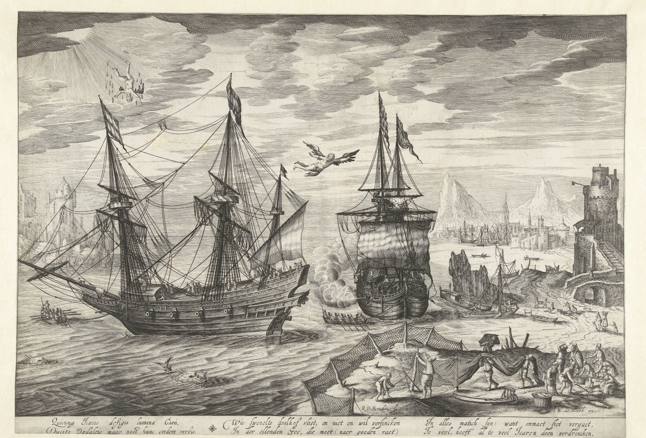 Harbor with Ships, in the Sky the Fall of Icarus by Robert de Baudous