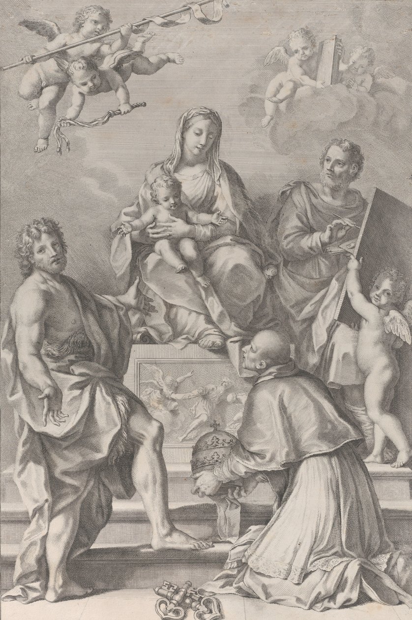 Madonna and Child at center with Saint John the Baptist, Saint Luke, Pope Peter Celestini, 1694 by Robert van Audenaerde