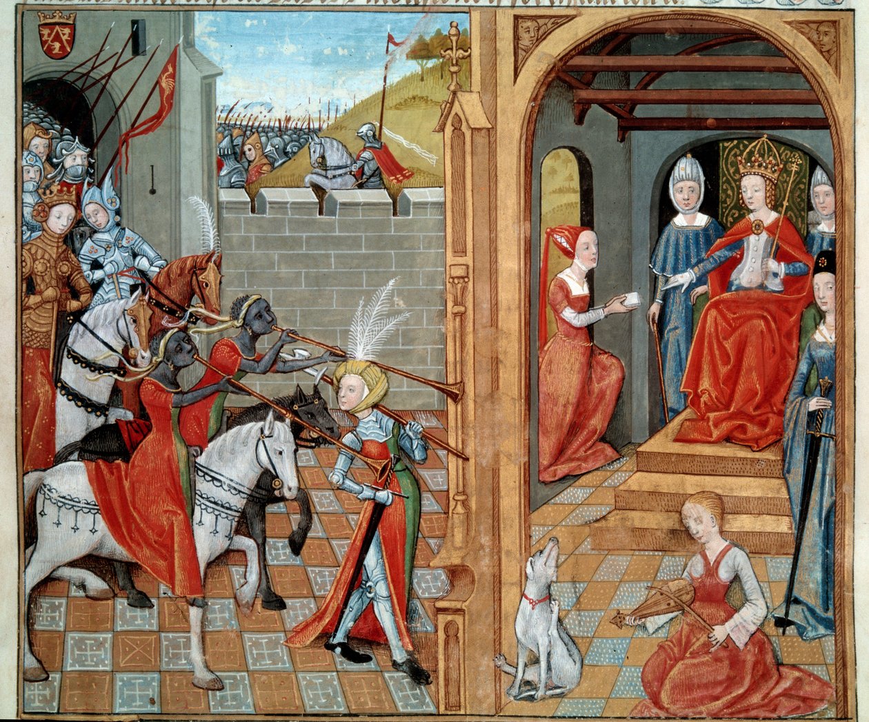 The Amazons at the Court of a Queen probably Louise of Savoy. Miniature from the manuscript Secret de l