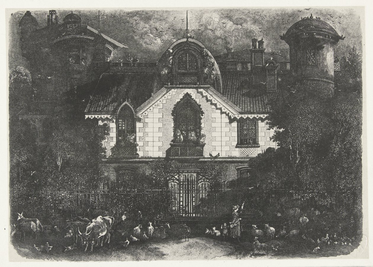 House with Tower Behind a Fence and Shepherdess with Cattle by Rodolphe Bresdin