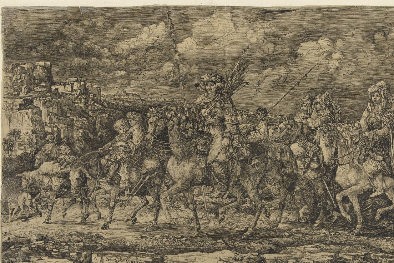 Hun King with His Wives Surrounded by Servants and Cattle, Riding Through a Landscape by Rodolphe Bresdin