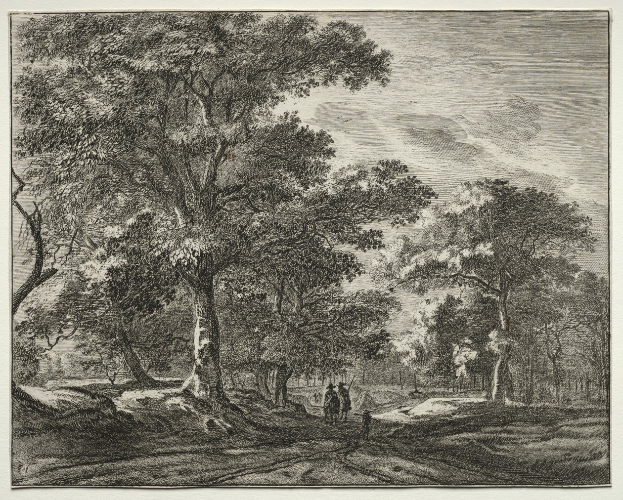 Six Views in the Wood of the Hague: Plate 1, Two Men Preceded by a Hunter by Roelant Roghman