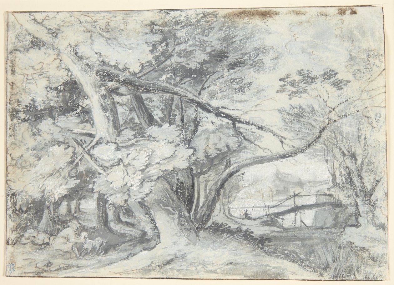 Forest Scene with Large Trees, Under Which Are Two Men and a Dog. To the Right a Bridge by Roelant Savery