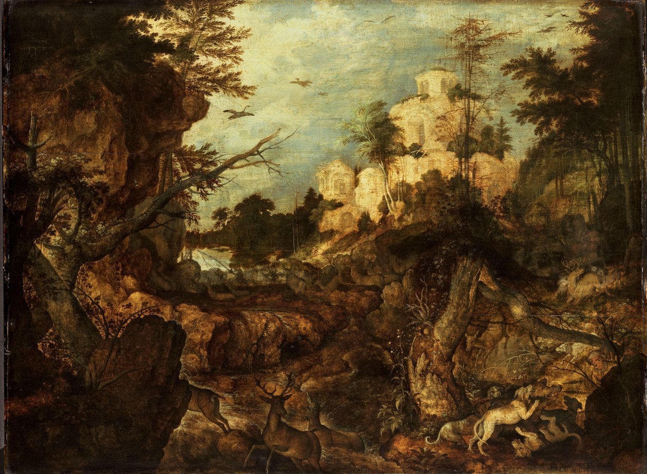 Wild Boar Hunt in a Rocky Landscape by Roelant Savery