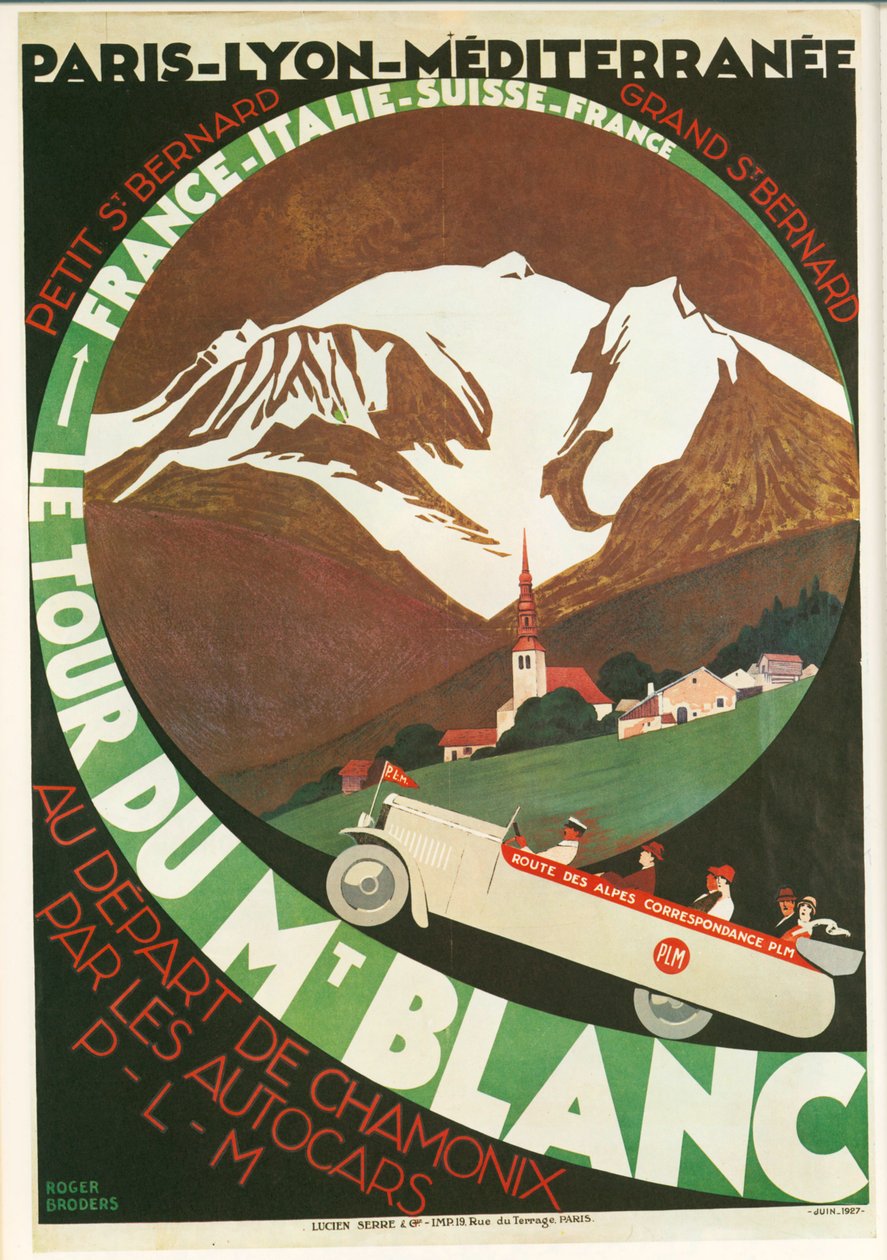 Le Tour du Mont Blanc from Chamonix by Autocars P (litho) by Roger Broders