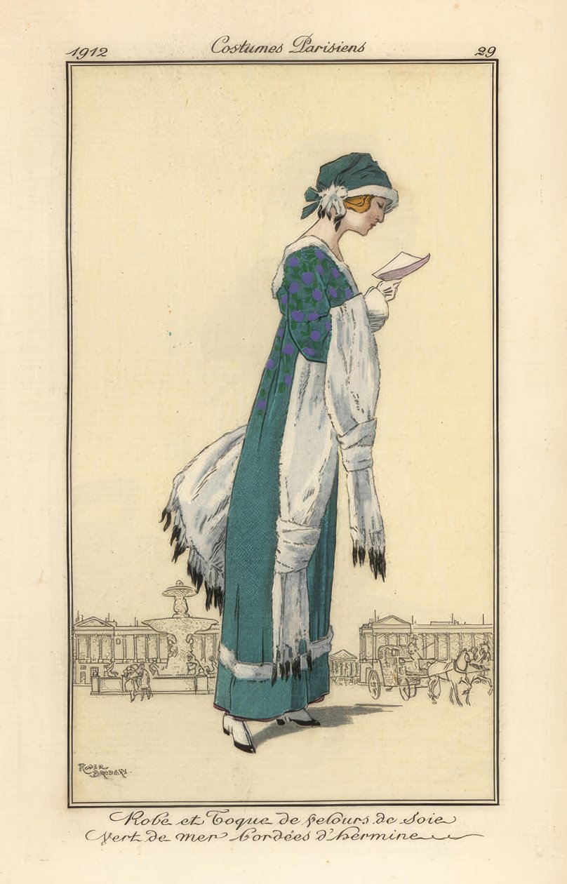 Woman Reading a Letter Wearing a Velvet Dress and Toque by Roger Broders