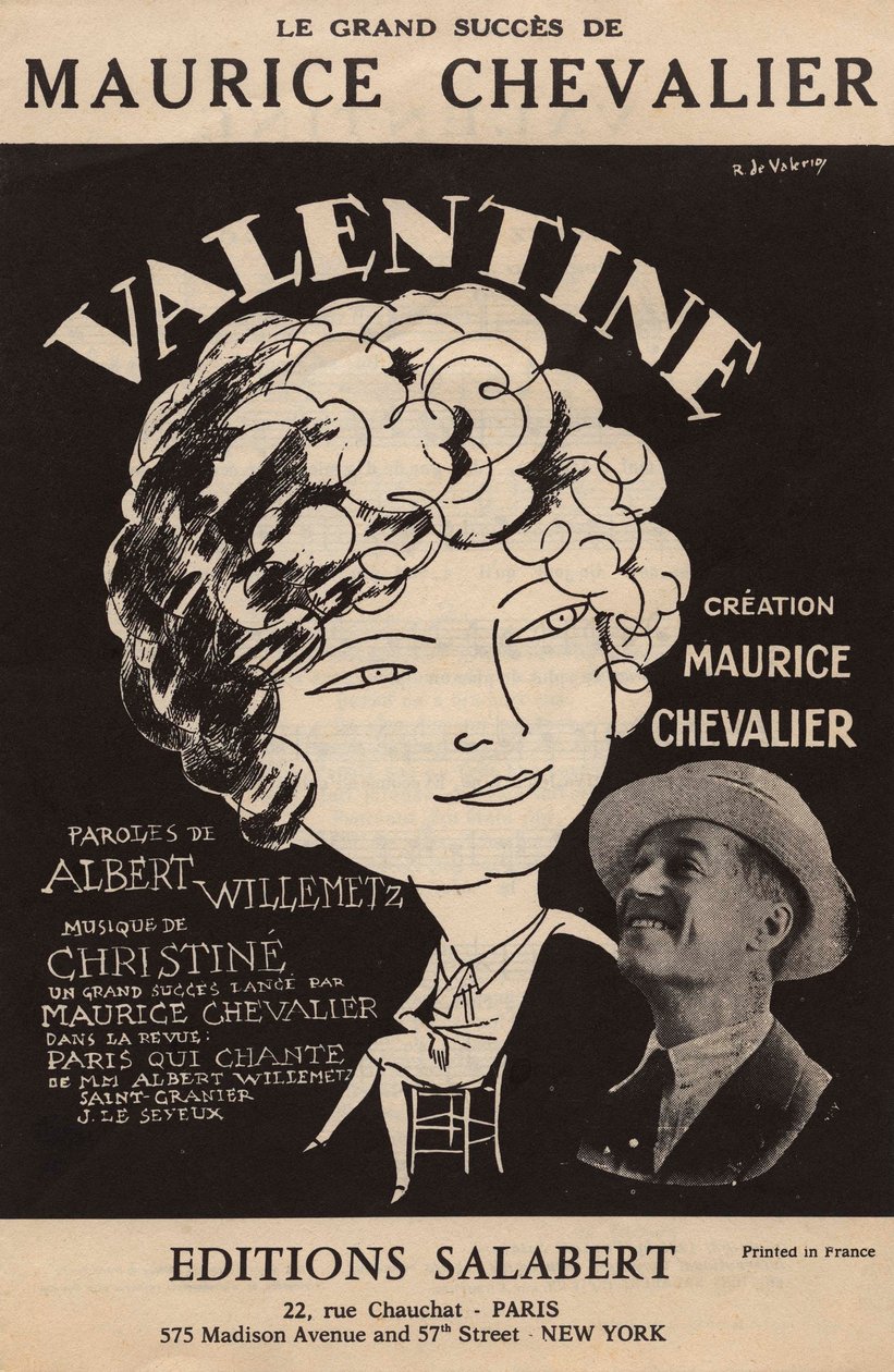 Cover of the Score of the Great Success of Maurice Chevalier “Valentine” by Roger de Valerio