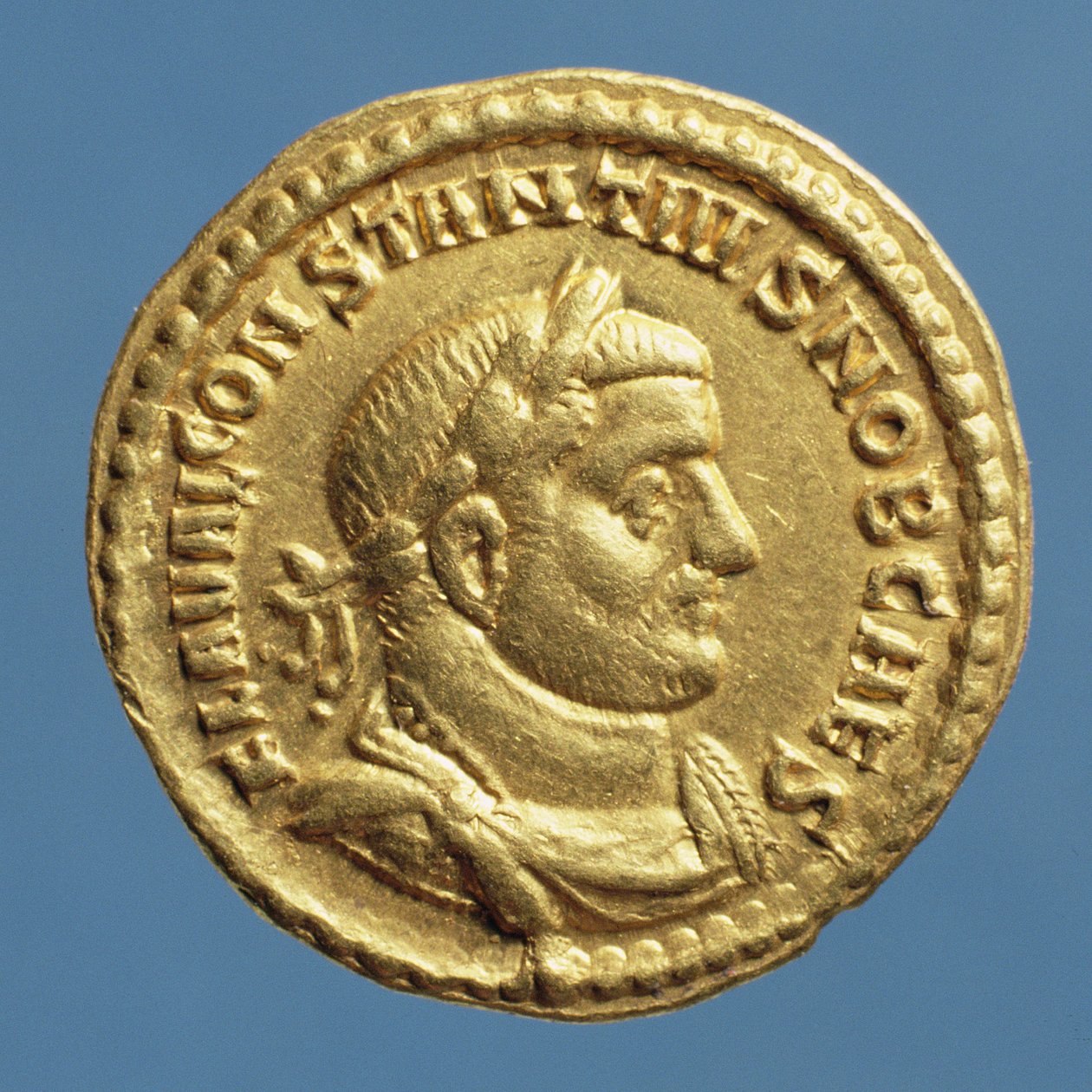 Aureus (obverse) of Constantius I (Chlorus) Caesar (294-305) Augustus (305-306) Inscription: FLA VAL CONSTANTIVS NOB CAES by Roman
