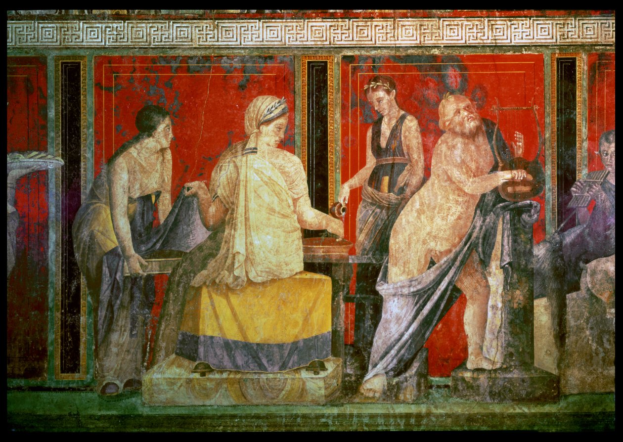 Ministrant Carrying a Tray of Food with Silenus Playing a Lyre and a Young Satyr Playing a Syrinx, North Wall, Oecus 5, 60-50 BC by Roman