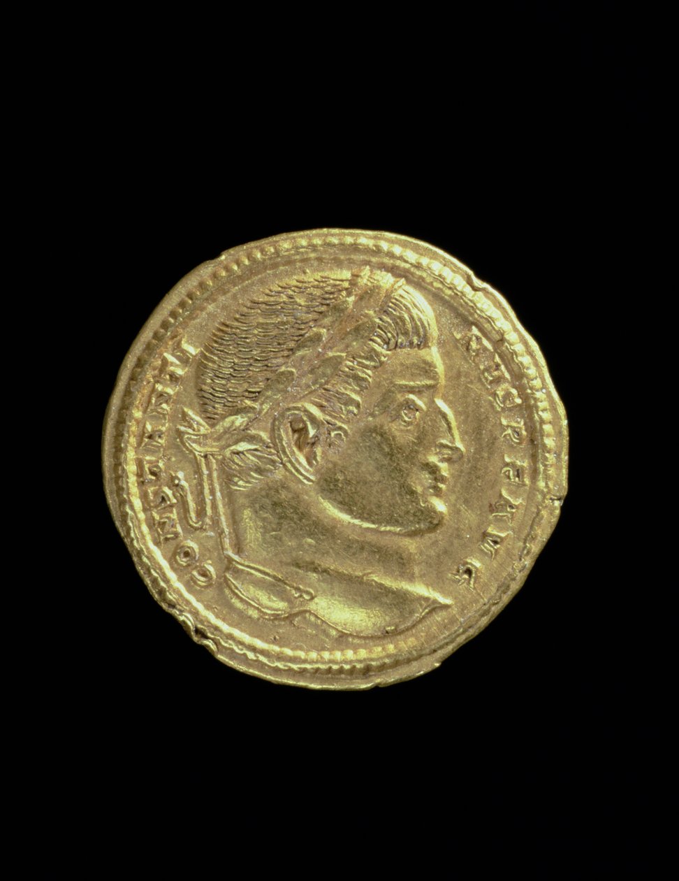 Solidus (obverse) of Constantine I the Great with a bare bust and wearing a laurel wreath. Inscription: CONSTANTINVS P F AVG by Roman