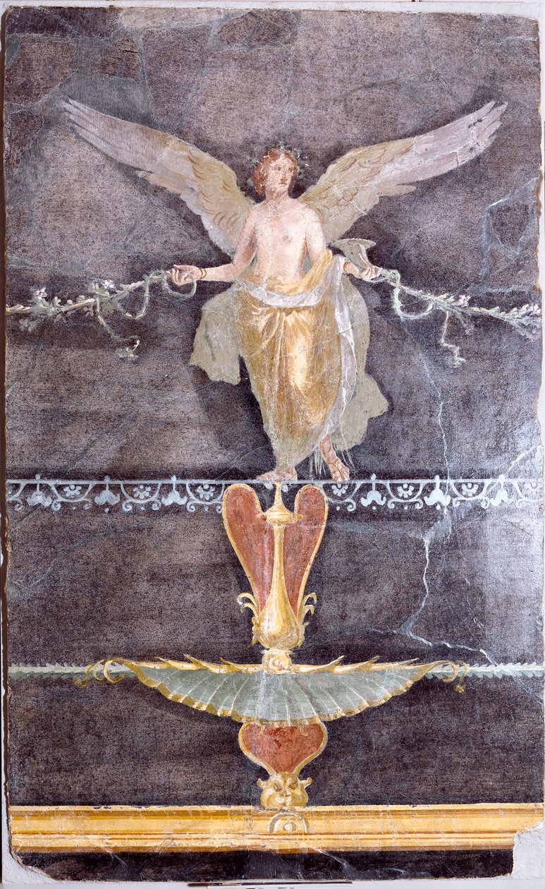 Wall Fragment with Winged Female (Nike) on Black Ground, c. 70 by Roman