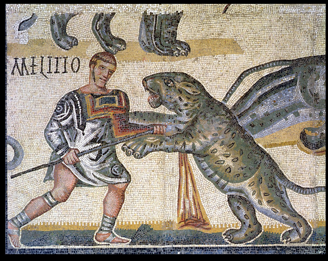 Battle of gladiators against the wildcats, detail depicting a gladiator running through a wildcat by Roman
