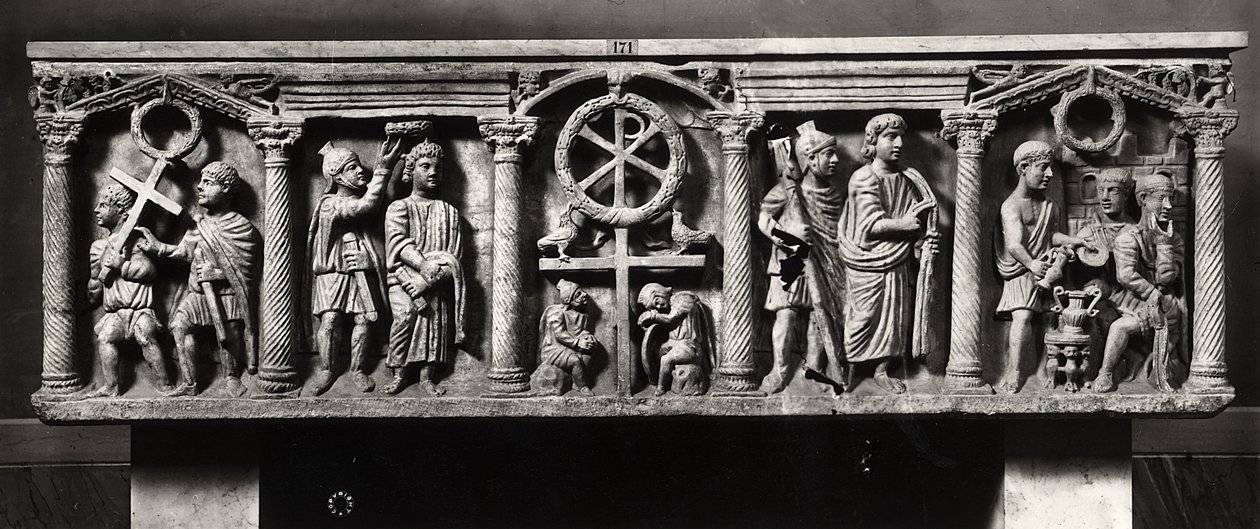 Christian sarcophagus decorated with scenes of the Passion of Christ including the Arrest and Christ before Pontius Pilate, from the Catacombs of St. Domitilla by Roman