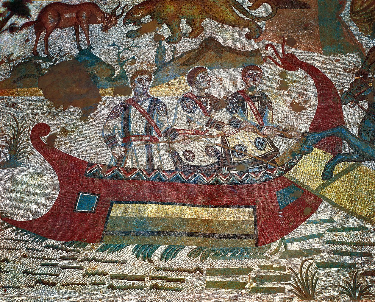 Detail from Great Hunt mosaic, Villa Romana del Casale, Piazza Armerina, Sicily, Italy, 4th Century by Roman