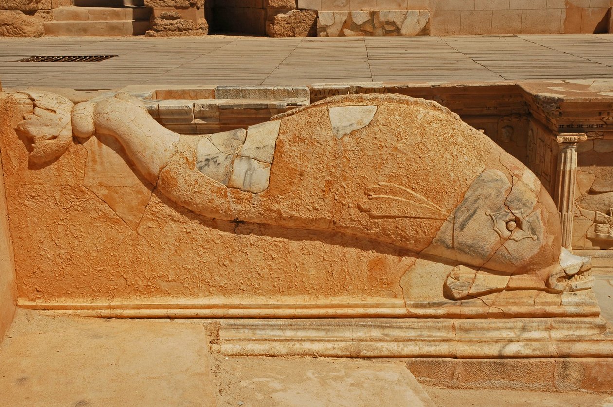 Dolphin carving, Bas-relief on the Proscenium of the Roman theatre, Sabratha, Libya, 2nd century AD by Roman