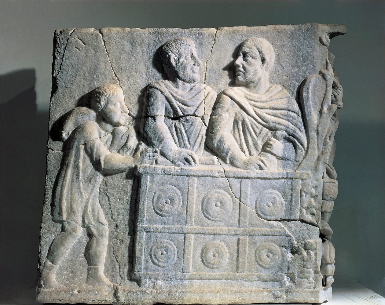 Fragment of Sarcophagus Depicting Moneychanger, from Rome, Viale del Re by Roman