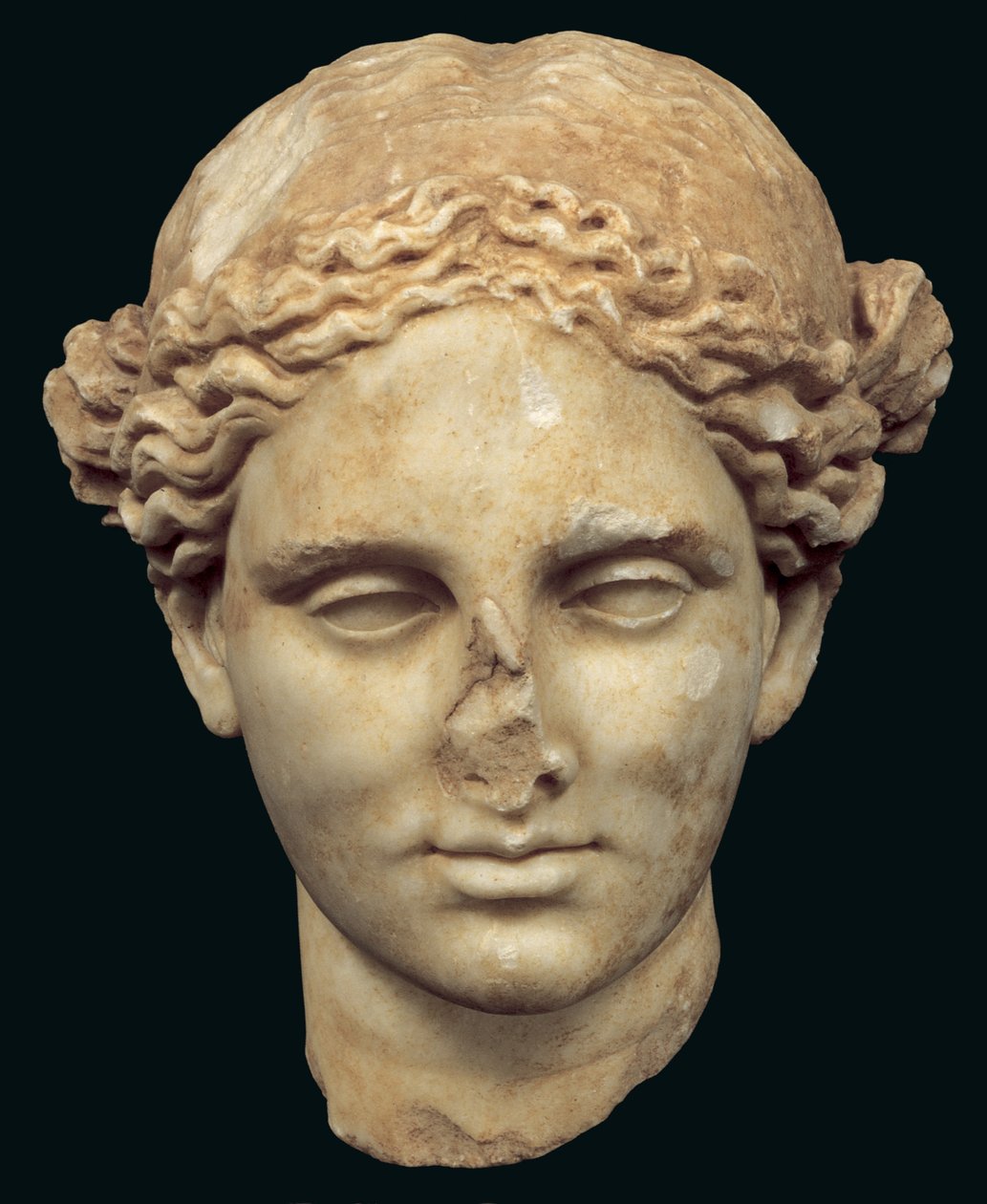 Head of Apollo Sauroktonos (the lizard killer) copy of a 4th century Greek bronze by Praxiteles, found in Kifissia by Roman