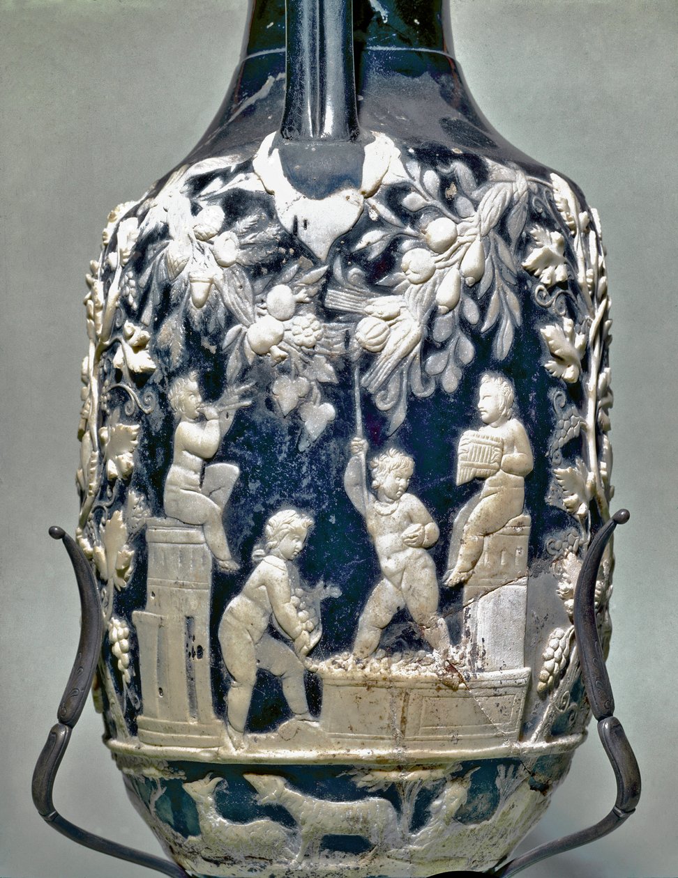 Little amphora called blue vase showing Eros doing grape harvest by Roman